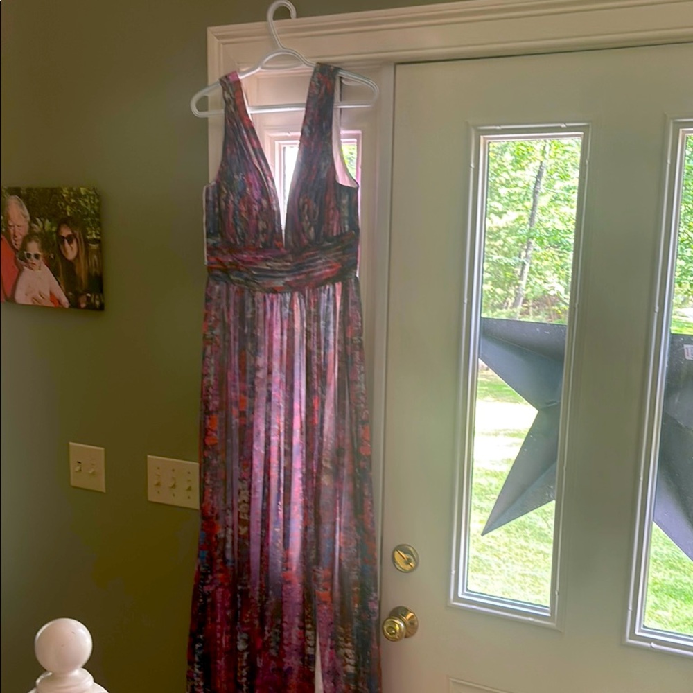 Aidan Mattox Pink and Purple Embellished Pleated Maxi Dress